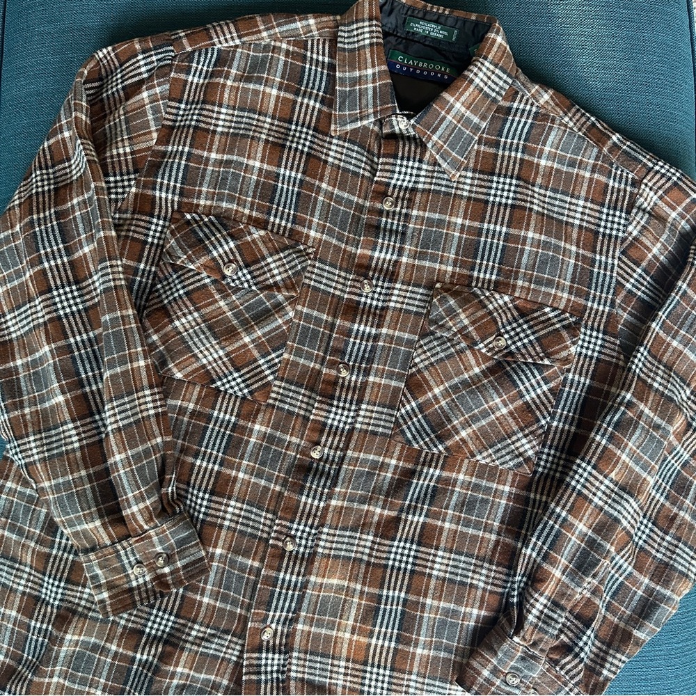 Claybrooke Outdoors Plaid Brown Blue Flannel Shirt